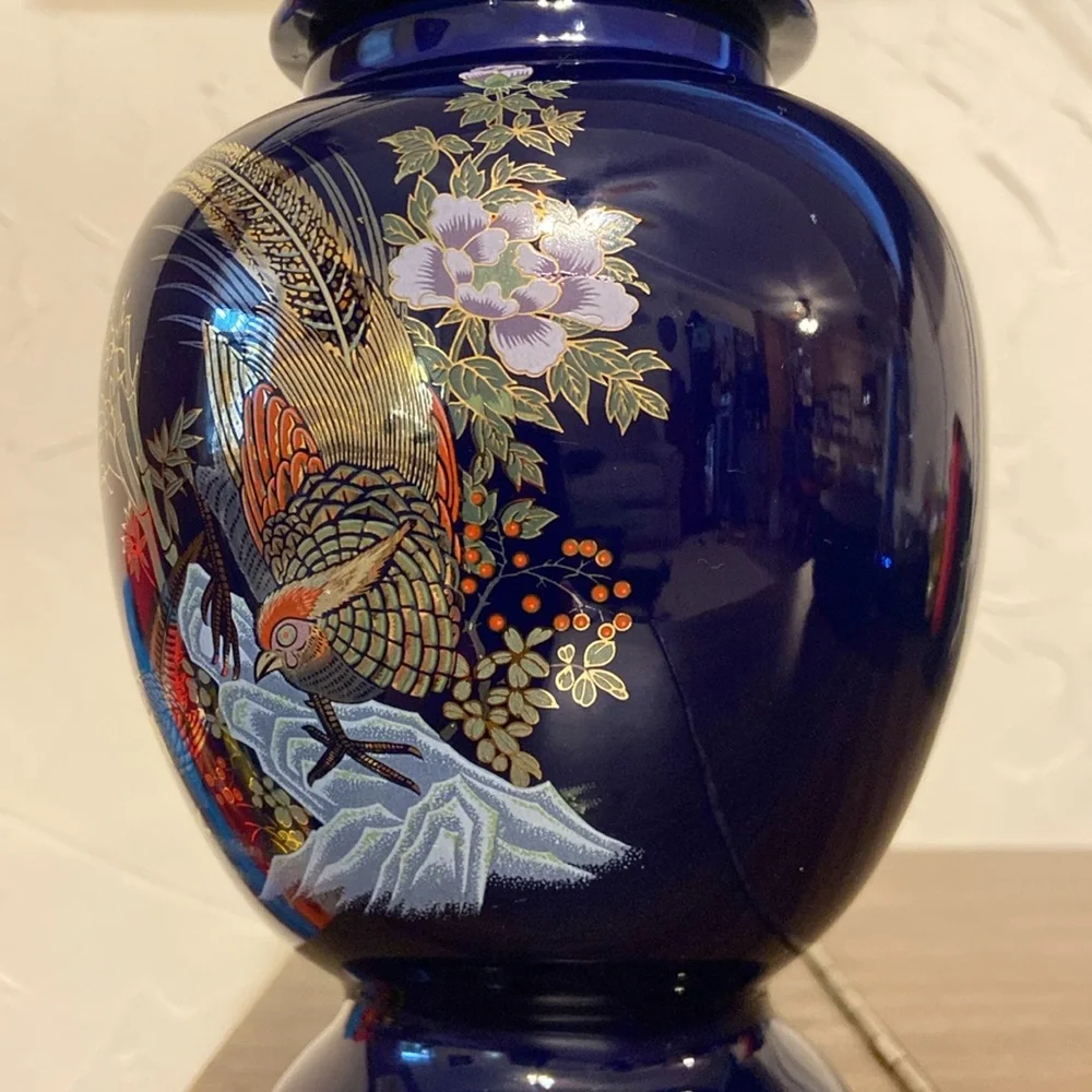 Vintage Japanese Ginger Jar w/ Lid Cobalt Blue with Peacock Bird & Floral 9” - Picture 5 of 15
